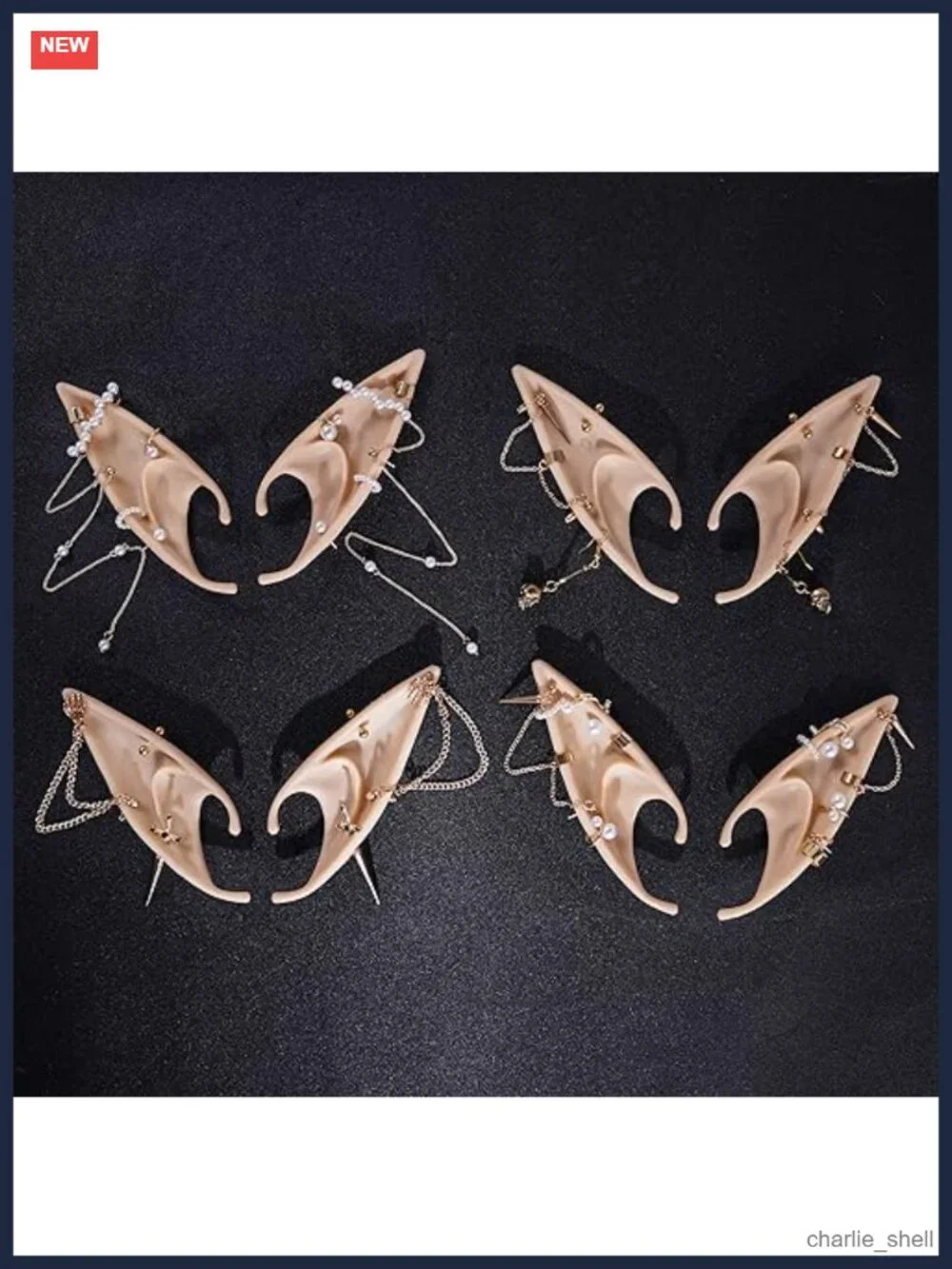 Gothic Elf Ears with Sliver Piercings Fairy Ear Cuffs Skull Earrings Set